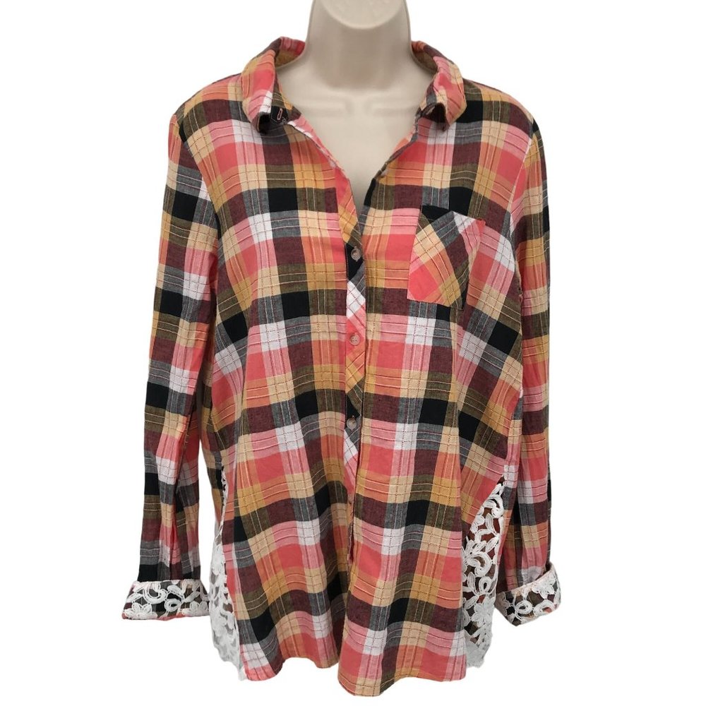 Hem & Thread Womens Seersucker Black Multi Checkered Lace Long Sleeve Blouse L